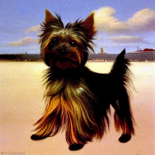 Image similar to Yorkshire terrier dog, long hair, extremely detailed masterpiece, illustration, by Michael Sowa,