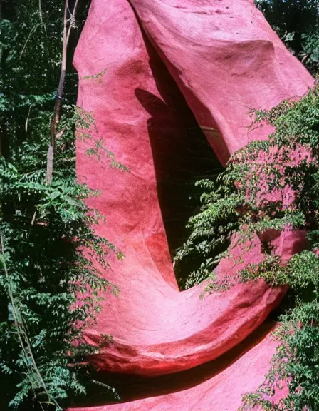 Image similar to vintage color photo of a giant 1 1 0 million years old abstract sculpture made of liquid pink gold covered by the jungle vines