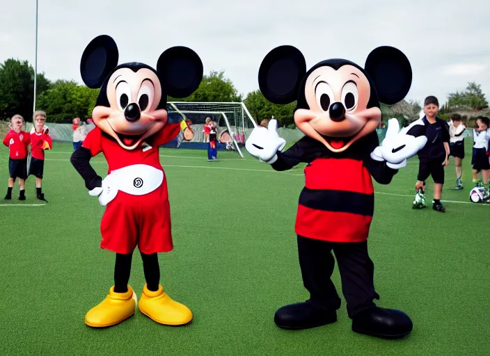 Prompt: a photo of mickey mouse as a referee at a childrens soccer game, 4 k