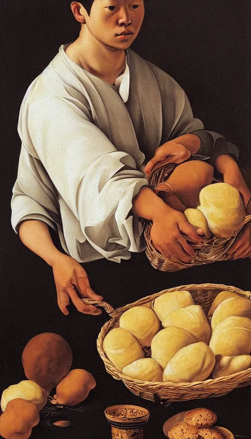 Image similar to hyperrealistic still life painting of a young man with a basket of bao by Caravaggio, botanical print