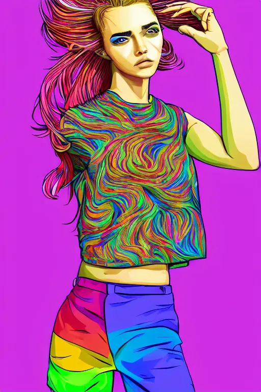 Image similar to a award winning half body portrait of a beautiful woman with stunning eyes in a printed croptop and cargo pants with rainbow colored ombre hairstyle head in motion and hair flying by josan gonzales, outrun, vaporware, shaded flat illustration, digital art, trending on artstation, highly detailed, fine detail, intricate