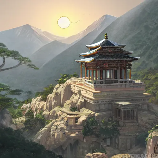 Prompt: concept art painting of a light marble temple on top of a mountain, with greek and japanese architecture, overlooking a valley with a village below, realistic, detailed, cel shaded, in the style of makoto shinkai and greg rutkowski and albert bierstadt and james gurney