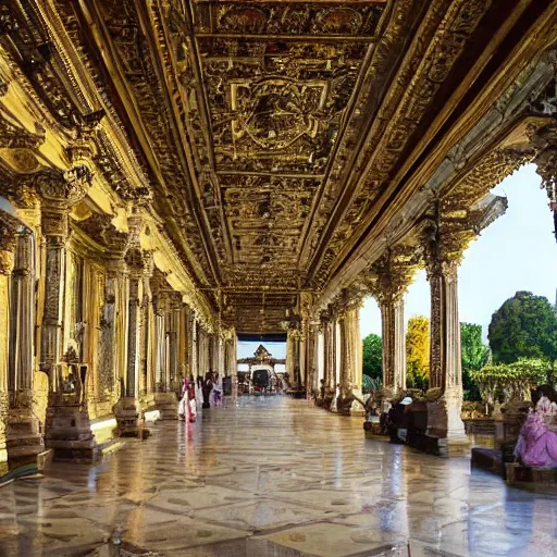 Image similar to a grand and opulent palace, with intricate architecture and lush gardens