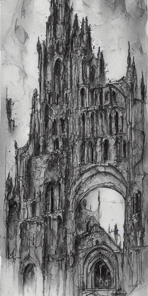 Image similar to a brilliant expressive ink sketch of a gothic ruin by josep tapiro baro in the style of romanticism art, dynamic lighting