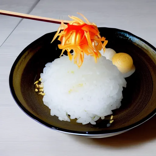 Prompt: a picture of japanese food floating over saturn