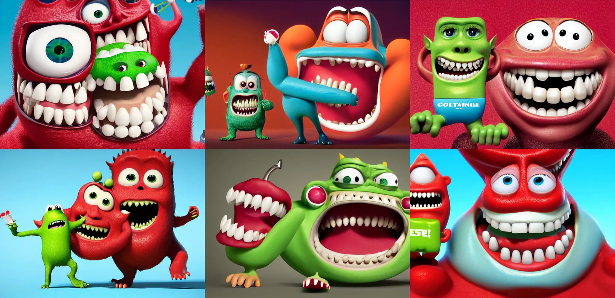Prompt: A Colgate-shaped monster as advertisement for toothpaste, 3D physical tactile illustration vintage, TV Commercial break, advertisment poster printed CMYK ink colored lithography, big smiling perfect teeth shiny porous skin, highly detailed monster teeth, low-res edgy, still from a Pixar John Lasseter movie