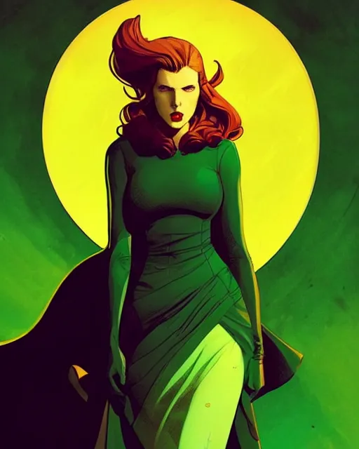 Prompt: Rafeal Albuquerque comic art, Joshua Middleton comic art, cinematics lighting, beautiful Anna Kendrick supervillain, green dress with a black hood, yellow eyes, angry, symmetrical face, full body, flying in the air, night time, red mood in background