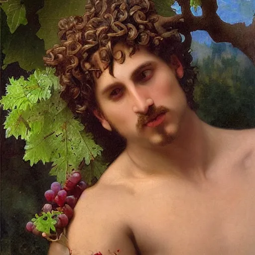 Prompt: photorealistic god dionysus with leaves and grape in his hair, bouguereau, tom finland