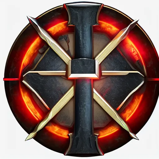 Prompt: symmetrical game - icon of giant medieval swords crossed, red powerful fantasy epic legends, game icon stylized, digital illustration radiating, a glowing aura, global illumination, ray tracing, 8 k high definition, intricate details, octane render, unreal engine, trending on arstation