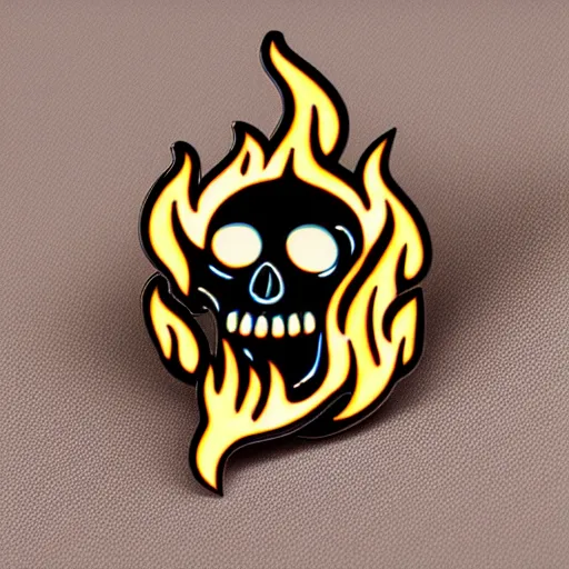 Prompt: a retro minimalistic laughing joyful skull with fire flame enamel pin, hd, concept art