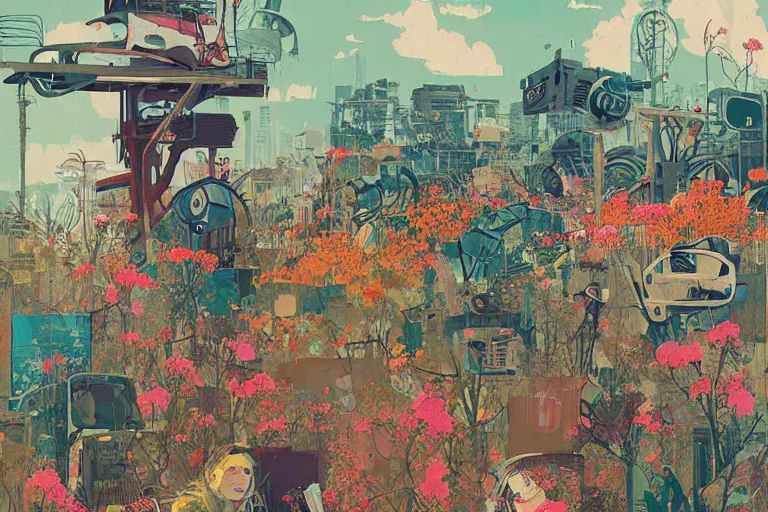 Prompt: a dystopic junkyard, detailed painting, overgrown with flowers, art by Sachin Teng, beautiful lush colors