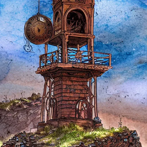 Image similar to an abandoned old rusty clocktower in a dark enormous cave, Low level, digital artdynamic lighting, cinematic, establishing shot, extremely high detail, photo realistic, cinematic lighting, watercolor, intricate line drawings, 8k resolution,