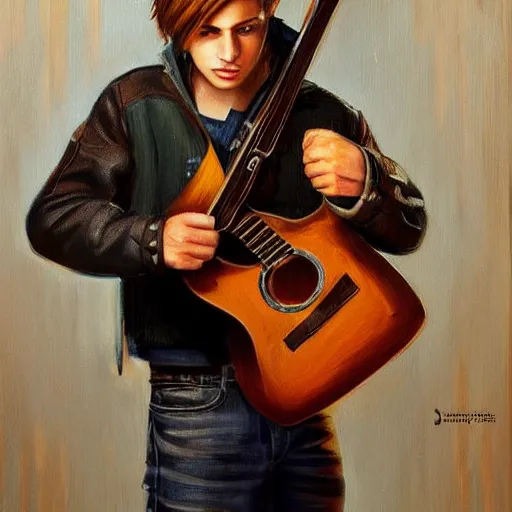 Prompt: modern oil portrait of young charming gunslinger jack, holding a pistol and a guitar, very very very very very beautiful art, masterpiece, realistic and detailed, artstation, artificial lightning