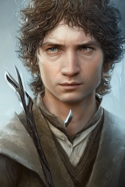 Image similar to A beautiful digital painting of a male hobbit ranger, symmetrical close-up portrait, intricate, cinematic lighting, highly detailed, digital painting, Artstation, concept art, smooth, sharp focus, illustration, art by Tom Bagshaw, Artgerm and Greg Rutkowski