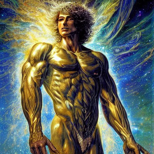 Prompt: full muscular body male made of gemsl with golden feathers ,thunder, shining light, nebulas, god rays by Karol Bak, Ayami Kojima, Amano