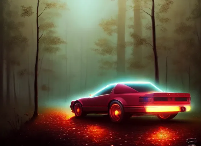 Image similar to detailed intricate digital illustration by greg rutkowski and artgerm and wlop and sanford robinson gifford ; 1 9 8 8 vehicle, glowing headlights, foggy forest in background ; 1 3 mm film, wide angle arri alfa anamorphic lens ; sharp focus, soft evening lighting, trending on artstation 4 k