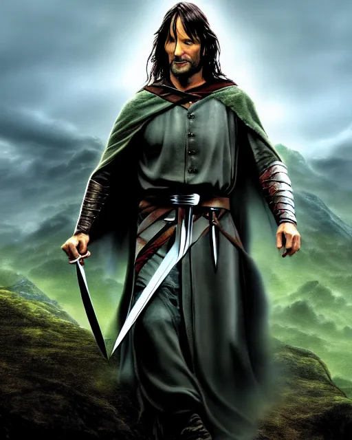 Image similar to Aragorn from Lord of the rings, Cover art by Stephen Bliss, boxart, loading screen, 8K resolution