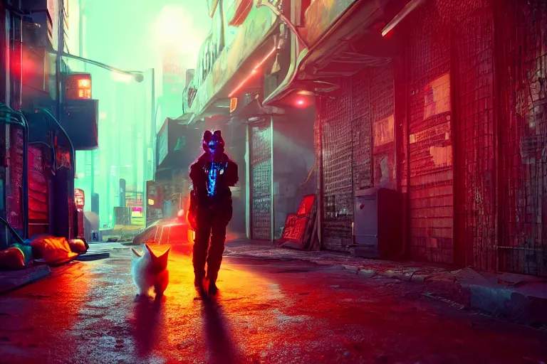 Image similar to cyberpunk ginger cat in the alley, neon lighting, rendered in unreal engine, trending on artstation
