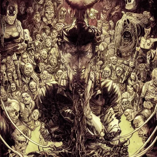 Prompt: 3 6 0 ° angle of a circus of madness and death by godmachine dzo olivier scott fischer yoji shinkawa moebius jean girard shintaro kago junji ito esoteric hypnogogic ethereal ethereality james gurney artstation gustave dore and greg rutowski