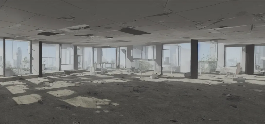 Prompt: photo of abandoned office daytime, bright, 8 k photorealistic, hd, high details, trending on artstation