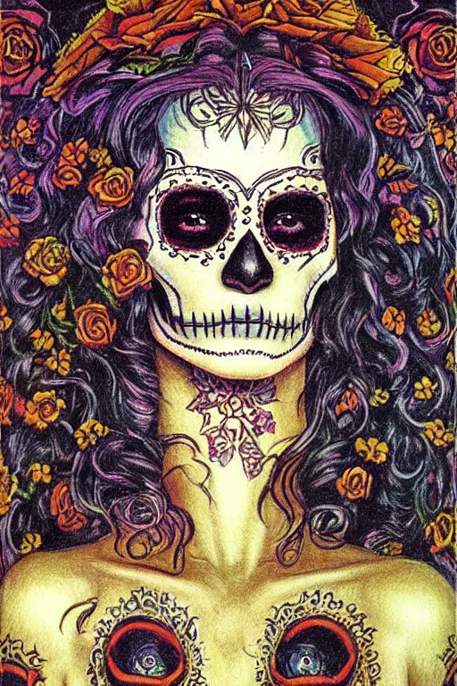 Image similar to Illustration of a sugar skull day of the dead girl, art by jean delville