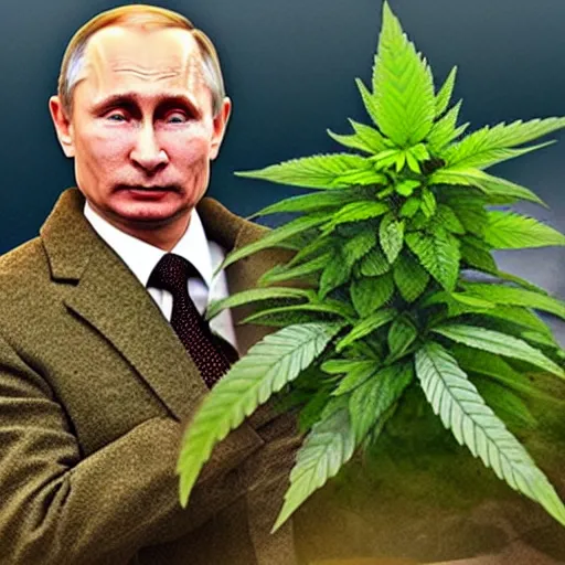 Prompt: Vladimir Putin holding a giant marijuana plant, detailed face, realistic face, photorealistic, highly detailed, cinematic