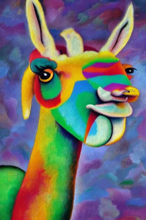 Prompt: llama portrait, an extremely high quality hd surrealism painting of a 3d slow-shutter galactic neon complimentary colored cartoon surrealism melting optical illusion llama portrait by a much more skilled version of kandinsky or picasso and salvia dali the fourth, salvador dali\'s much much much much more talented painter cousin, 4k, clear shapes, defined edges, ultra realistic, super realistic, so realistic that it changes your life