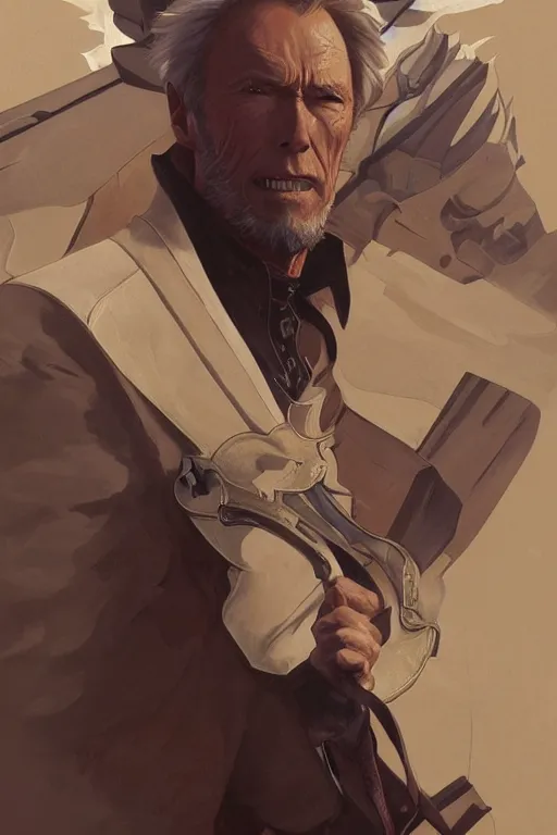 Image similar to clint eastwood as full metal alchemist, portrait, western, duster, fantasy, intricate, elegant, highly detailed, digital painting, artstation, concept art, sharp focus, illustration, art by artgerm and greg rutkowski and alphonse mucha