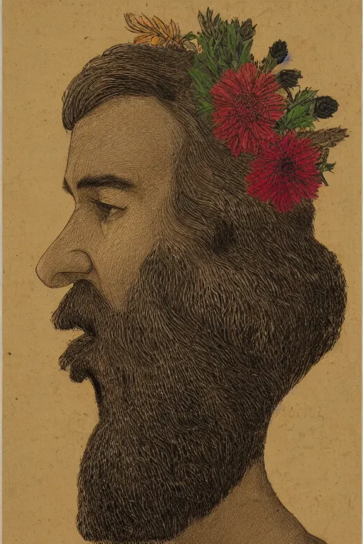 Image similar to a man's face in profile, with a long beard made of flowers and fruit, in the style of the Dutch masters and Gregory crewdson, dark and moody