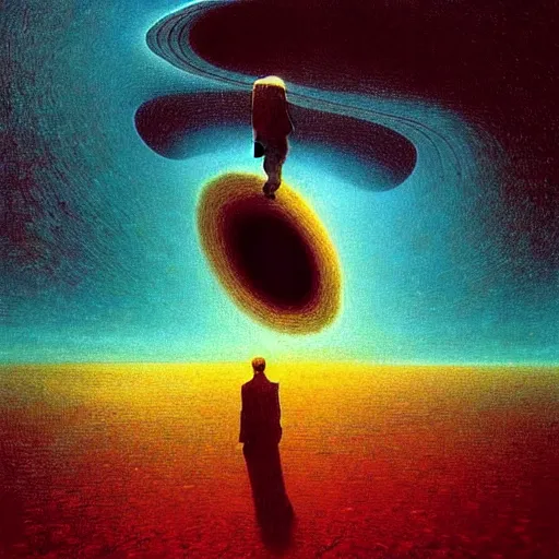 Image similar to Human peaking in wormhole - award-winning digital artwork by Salvador Dali, Beksiński, Van Gogh and Monet. Stunning lighting