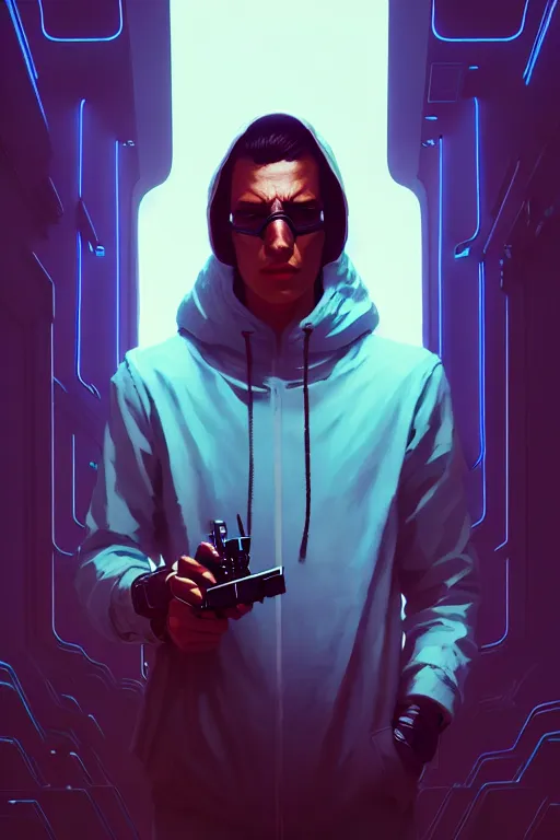 Image similar to cyberpunk synth, hyper - realistic portrait of a man in a hoodie, cyberpunk, by atey ghailan, by greg rutkowski, by greg tocchini, by james gilleard, by joe fenton, by kaethe butcher, dynamic lighting, gradient light blue, brown, blonde cream and white color scheme, grunge aesthetic