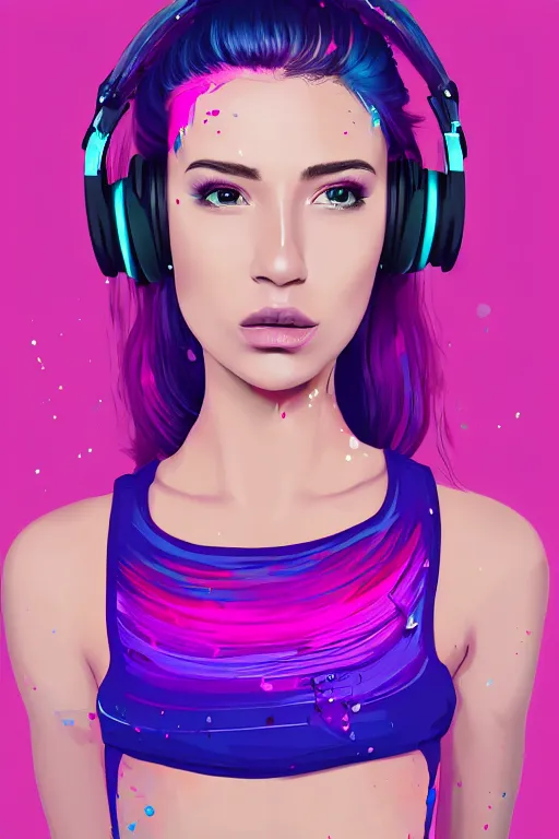 Image similar to a award winning half body portrait of a beautiful woman in a croptop and cargo pants with ombre purple pink teal hairstyle with head in motion and hair flying listenin to music on headphones by wlop, paint splatter, outrun, vaporware, shaded flat illustration, digital art, trending on artstation, highly detailed, fine detail, intricate