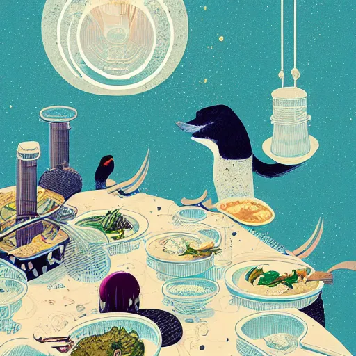 Image similar to illustration of the best meal, by Victo Ngai and James Gilleard and Bruce Pennington