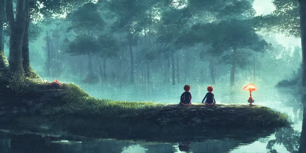 Image similar to a silver dragon and a boy sitting next to lake in forest, many fireflys, at night, concept art, dof, cryengine, digital art, detailed background, makoto shinkai