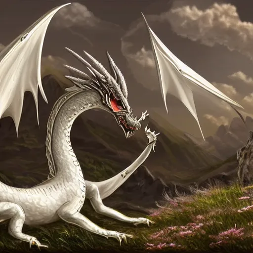 Image similar to a beautiful white dragon on the Altus Plateau, highly detailed digital painting, 4k