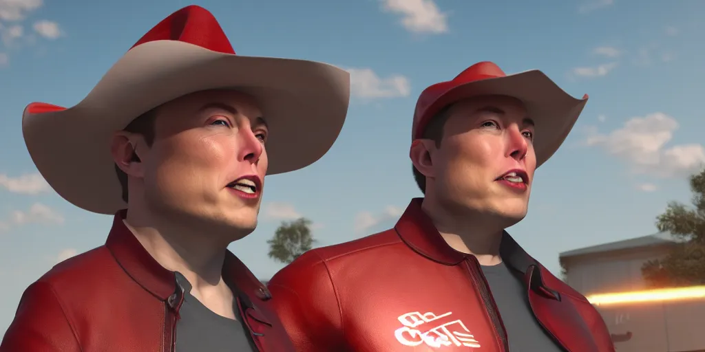 Image similar to 3d render of elon musk wearing a red cowboy hat, octane, 4k