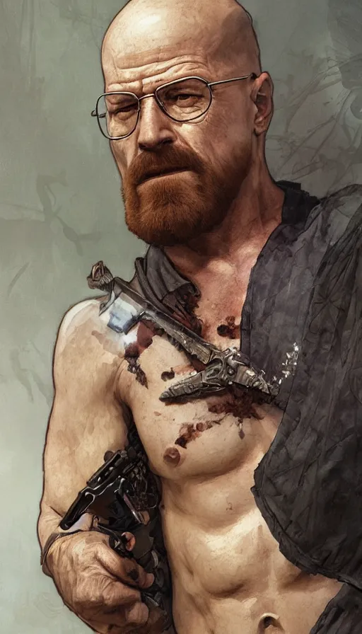 Image similar to Heisenberg as Kratos, highly detailed, digital painting, artstation, concept art, smooth, sharp focus, illustration, ArtStation, art by artgerm and greg rutkowski and alphonse mucha and J. C. Leyendecker and Edmund Blair Leighton and Katsuhiro Otomo and Geof Darrow and Phil hale and Ashley wood and Ilya repin and Charlie Bowater