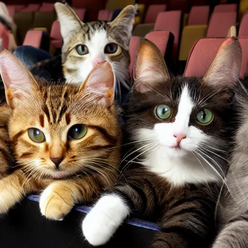 Image similar to a bunch of cats sitting in a theater watching a movie