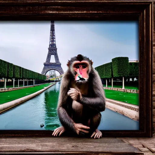 Image similar to high quality portrait of a monkey in front of eiffel tower, studio photograph, photograph, realistic photo, 8k photo, 4k photo, stock photo, high resolution, cinematic shot, high detail