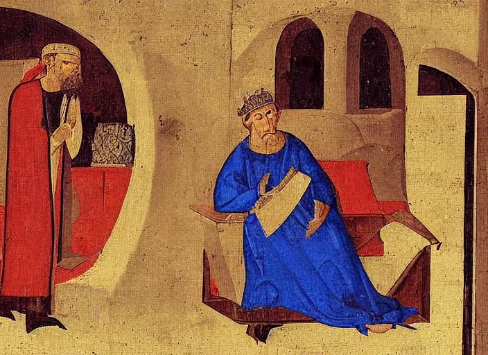 Image similar to man watching television. medieval painting