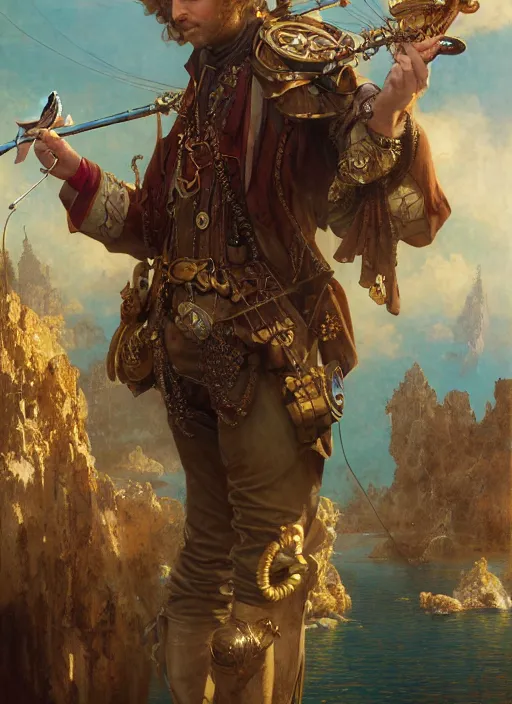 Image similar to hyper realistic fisherman, birds eye view, magical, gems, jewels, gold, steampunk, cyberpunk utopia, painted by tom bagshaw, mucha, gaston bussiere, craig mullins, j. c. leyendecker 8 k