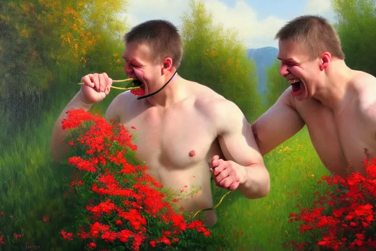 Image similar to ( ( a beautiful 8 k photorealistic masterpiece oil painting ) ( of ( two finnish men wrestling with flowers in their mouths and a big smile on their faces ) ( finnish scenery ) ) ( hyperrealism ) ( 1 6 k ) ( trending on artstation )