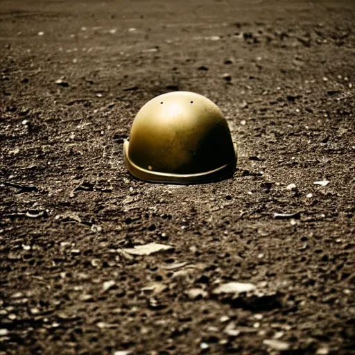 Prompt: Shot from below, soldier\'s helmet and dogtag left on the ground, in a town filled with pale yellow mist. End of the world. Depth of field. Film grain. Documentary photo. Sigma 40mm f/1.4 DG HSM