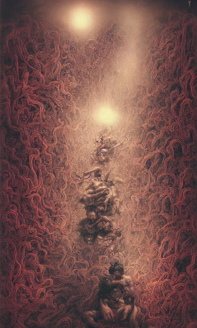 Image similar to zhongyuan festival, chinese ghost festival, king of hell, inside page of comic book, psychedelic lights and fog, in the style of zdzislaw beksinski, ayami kojima, takato yamamoto, barclay shaw, karol bak, glowing light and shadow, hyperrealist