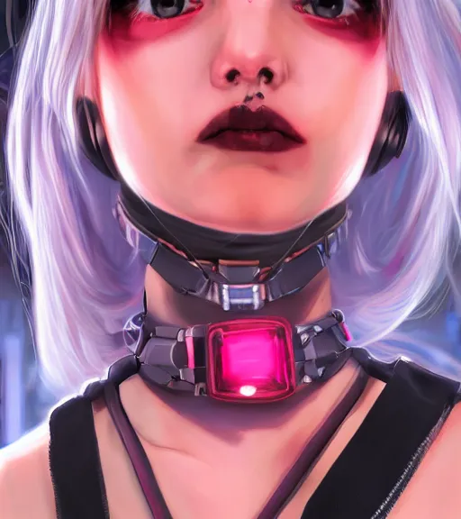 Image similar to detailed realistic female character cyberpunk wearing thick technological collar around neck, realistic, art, beautiful, 4K, collar, choker, collar around neck, punk, artstation, detailed, female, woman, choker, cyberpunk, neon, punk, collar, choker, collar around neck, thick collar, tight around neck, punk,