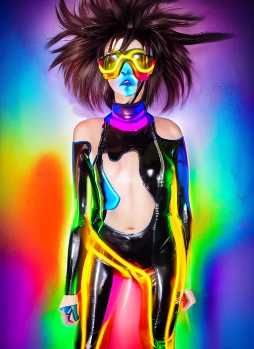 Image similar to full body abstract surreal weird oil painting portrait of tracer overwatch, confident pose, full body, full body, wearing black jagged iridescent rainbow latex armor, rainbow, neon, 4 k, expressive, makeup, wearing large rainbow neon choker, studio lighting, black latex, expressive detailed face and eyes,