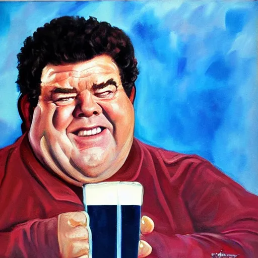 Prompt: Oil painting: George Wendt as Norm Peterson swimming in a large glass of beer