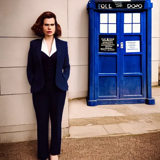 Image similar to a beautiful full body photograph of hayley atwell dressed as the doctor from doctor who standing in front of the tardis, symmetrical face, extreme realism and detail, 8 k, completely framed, direct lighting, 3 5 mm photo, photorealistic, sharp focus