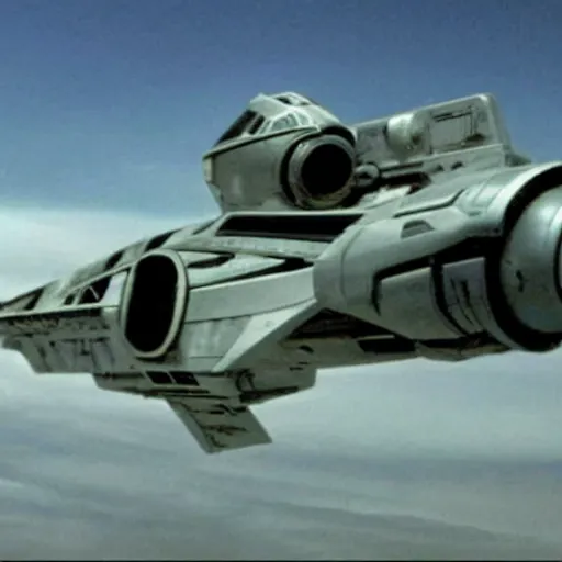 Prompt: A still of Harrison Ford in the new Battlestar Galactica (2003), piloting a colonial viper spacecraft, front-view