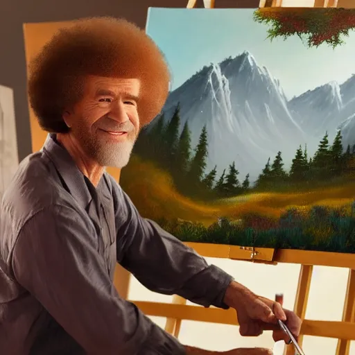 Image similar to a closeup photorealistic photograph of bob ross working on a canvas painting of spiderman. film still. brightly lit scene. mountains and trees. this 4 k hd image is trending on artstation, featured on behance, well - rendered, extra crisp, features intricate detail, epic composition and the style of unreal engine.